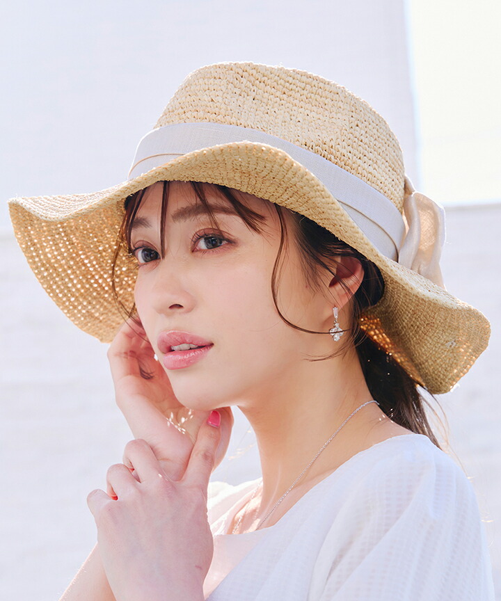 楽天市場】ツバ広リボンハット 帽子 ハット ラフィア ツバ広 天然草