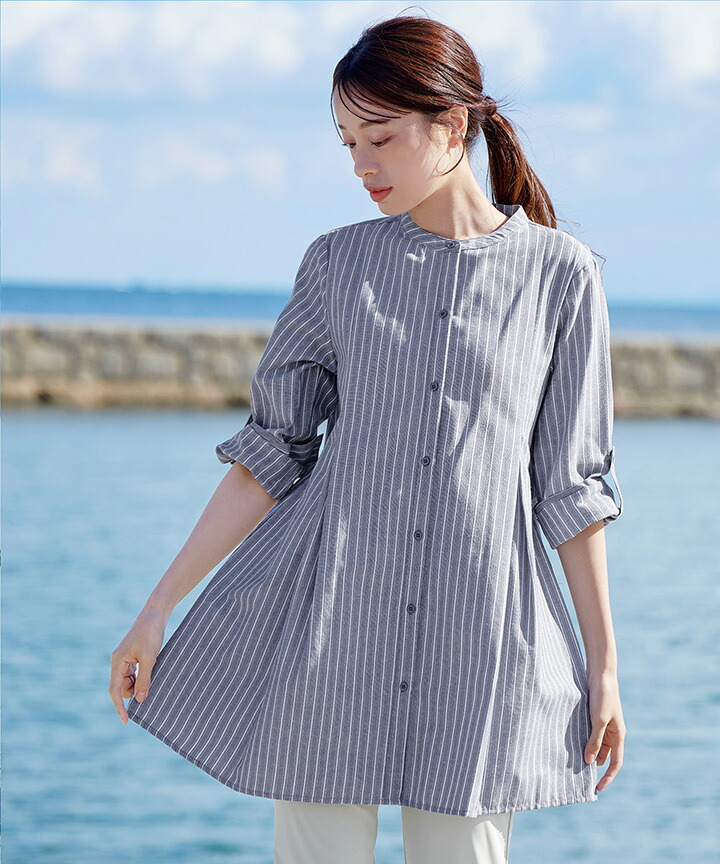 楽天市場】【新色追加】バンドカラーシャツチュニックブラウス