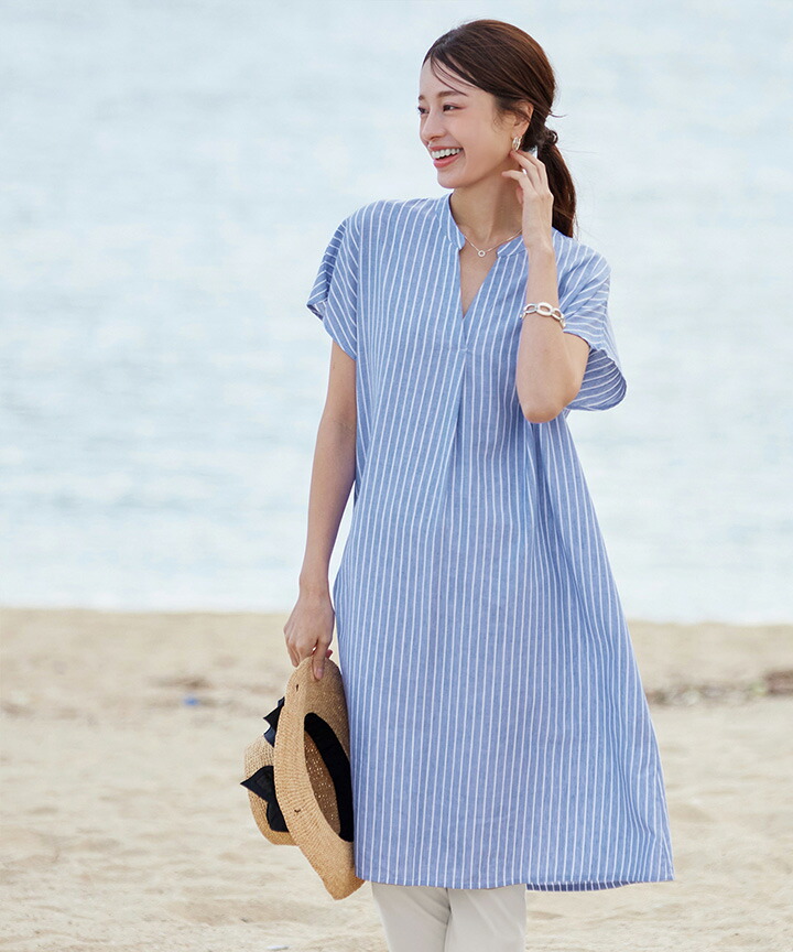 楽天市場】フレンチスリーブリネンスキッパーシャツワンピース