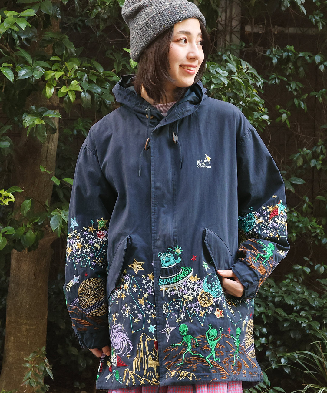 宇宙 ネイビー ロングコート 刺繍モッズコート 宇宙 ネイビー ロング