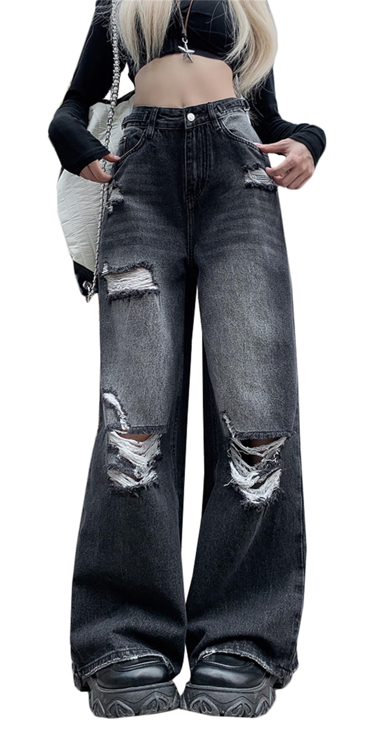 楽天市場】デニム ダメージ クラッシュパンツ ワイドパンツ レディース