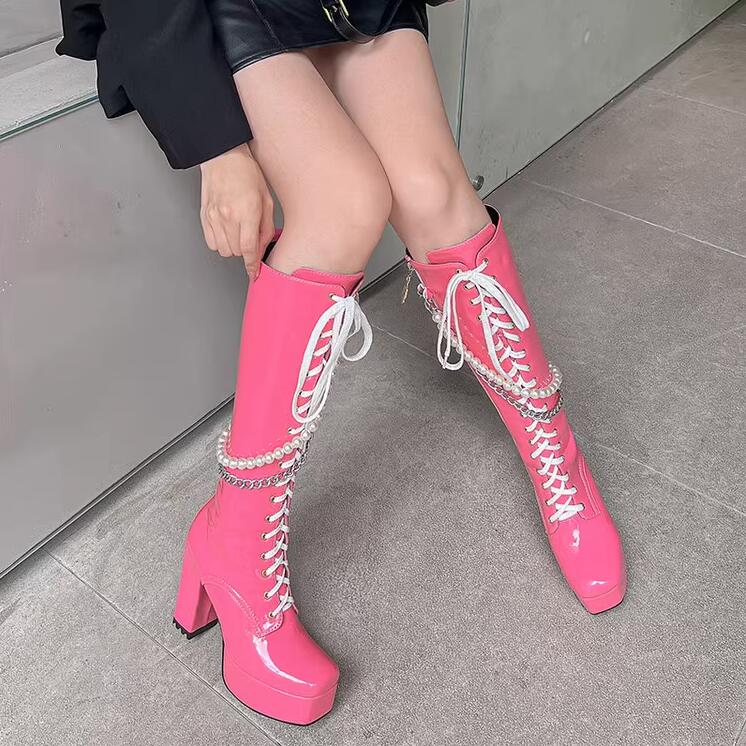 楽天市場】厚底ブーツ ロングブーツ レースアップブーツ 美脚 編み上げ