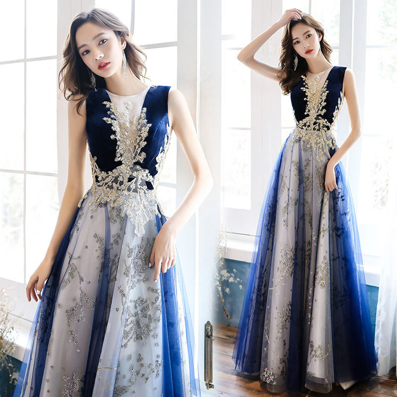 楽天市場】イブニングドレス ロングドレス ネイビー ベロア ベルベット