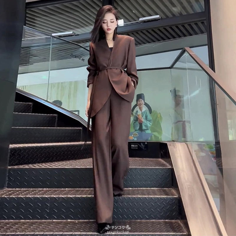 楽天市場】パンツスーツ ブラウン カジュアルスーツ ワイドパンツ