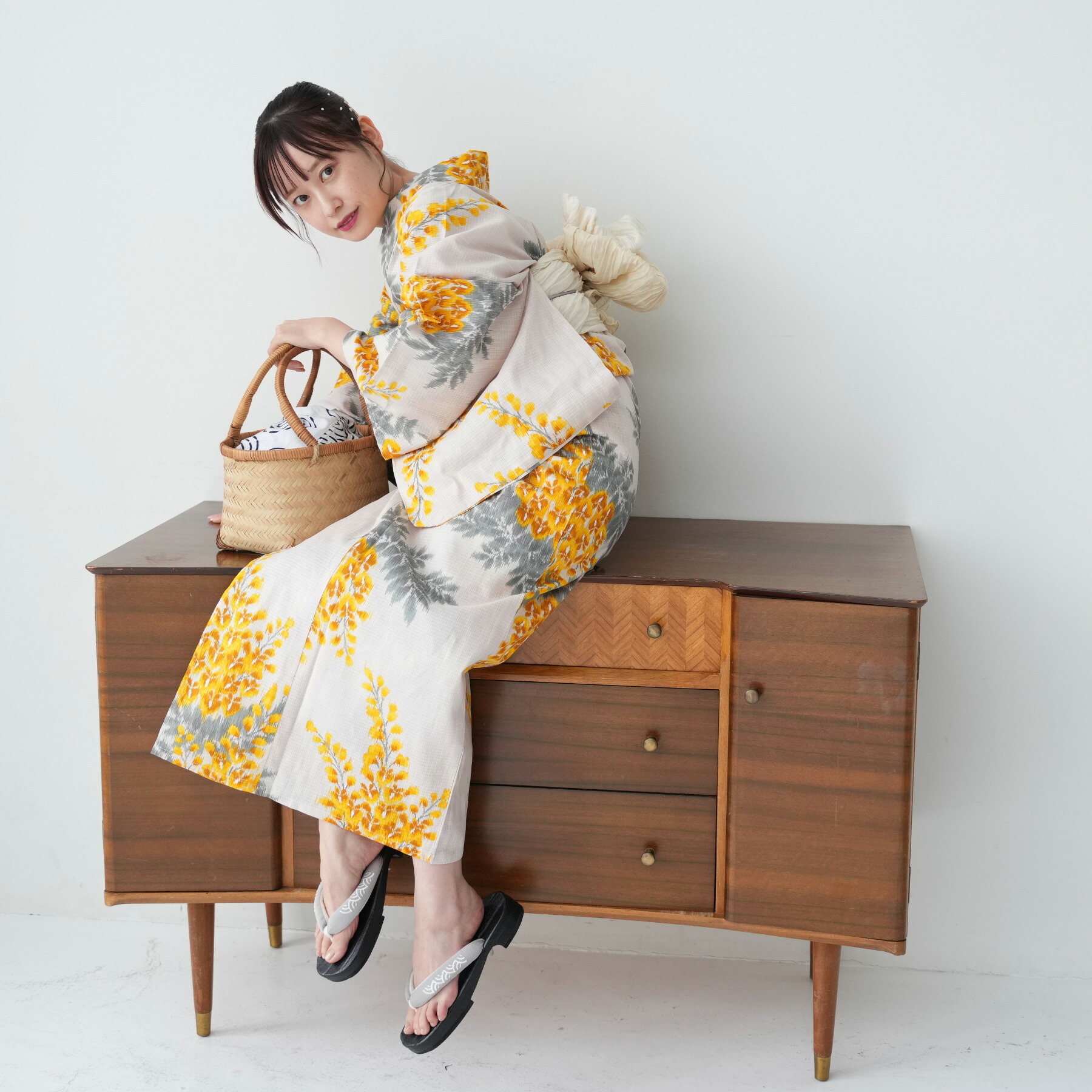 お任せ黄色半幅帯つき□古典高級しじら織り夏着物&