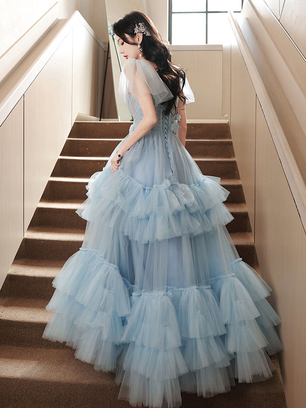 楽天市場】カラードレス ウェディングドレス ライトブルー フリル 半袖