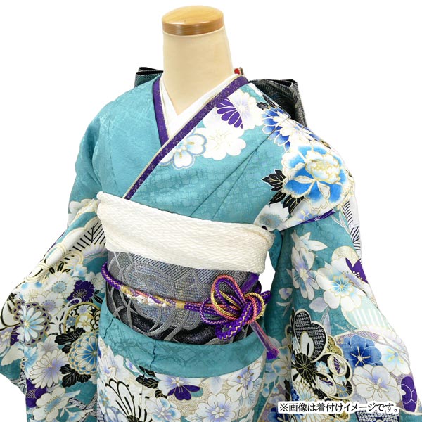楽天市場】仕立て付き 正絹振袖フルセット32点 f-640 ターコイズブルー
