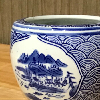 骨董 火鉢 染め付け モダン レトロ花 メダカ 睡蓮鉢 金魚 テーブル