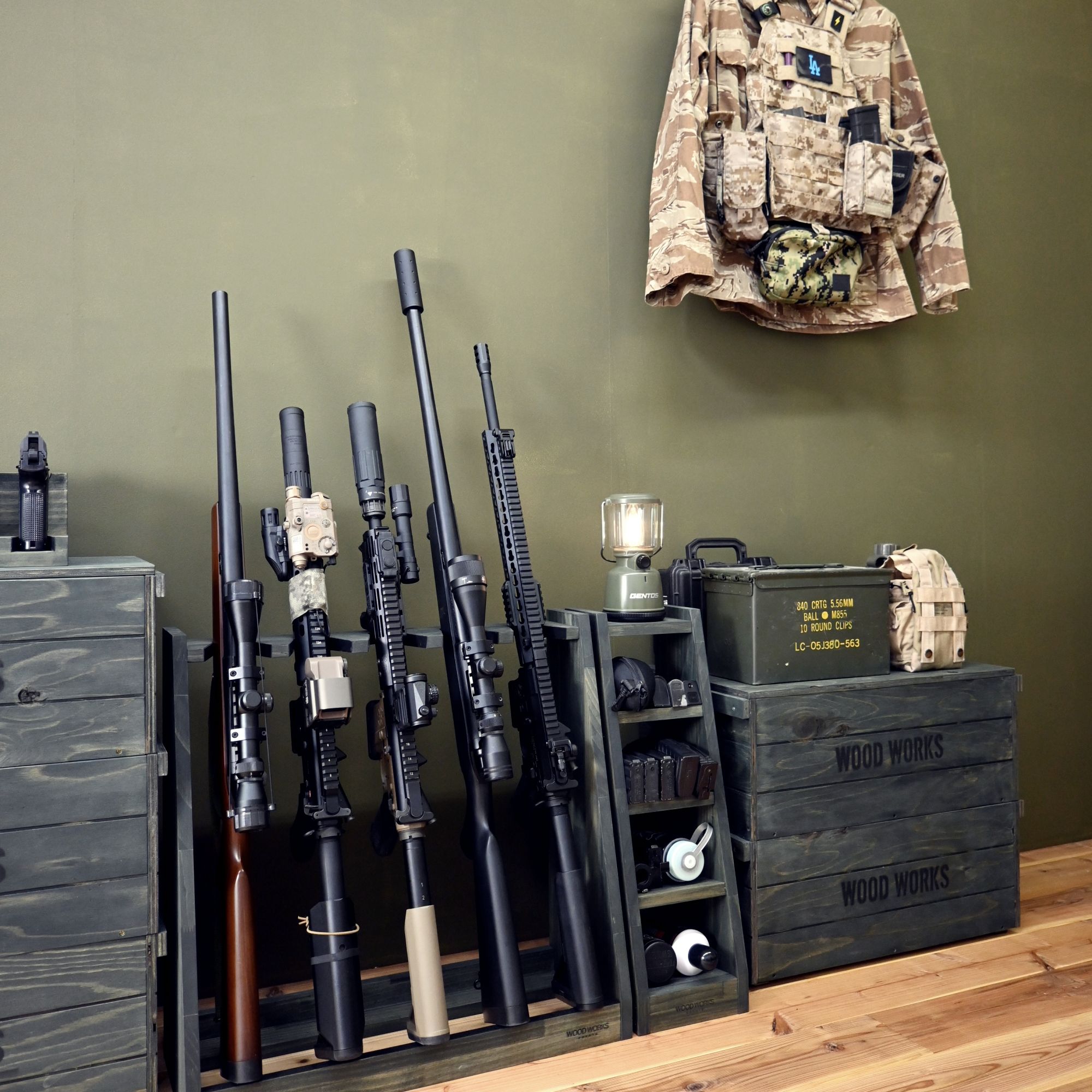 楽天市場】月間優良ショップ連続受賞 WOODWORKS ガンラック 5丁掛 （色