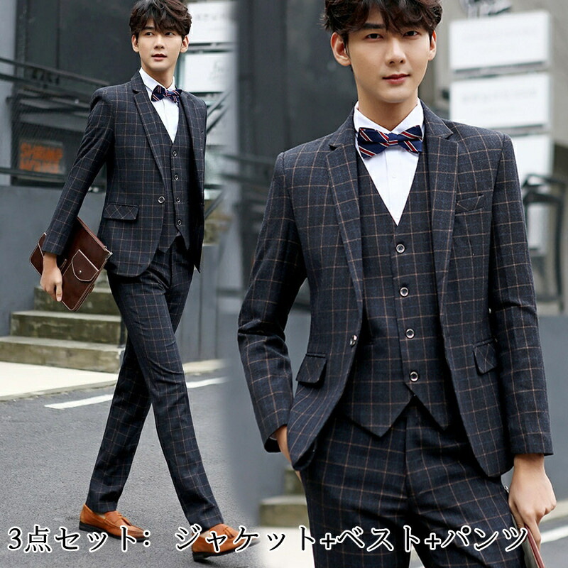 楽天市場】【送料無料】チェック柄 1つボタンスーツ メンズスーツ 3点