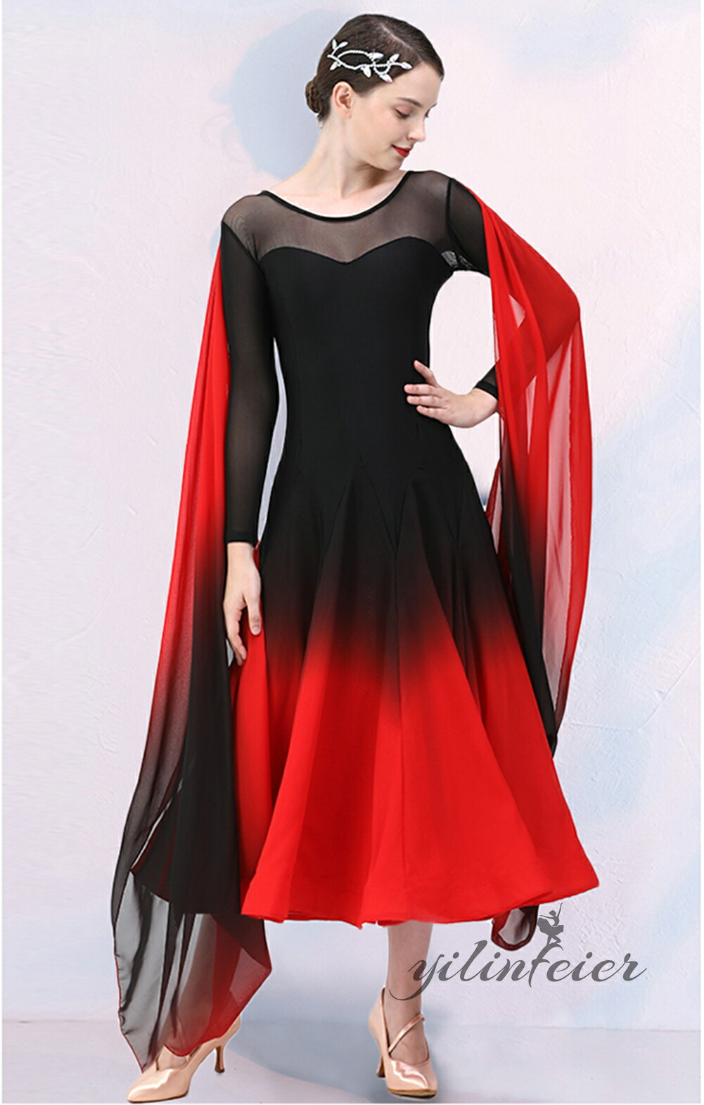 チャコットオーダー社交ダンスドレス 黒赤 ビーズ装飾 チャコット