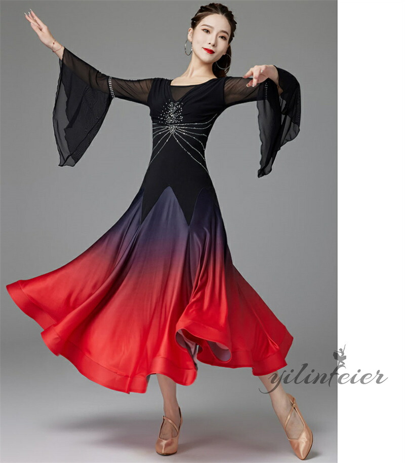 楽天市場】社交ダンスドレス クラーデション フリル長袖 社交ダンス