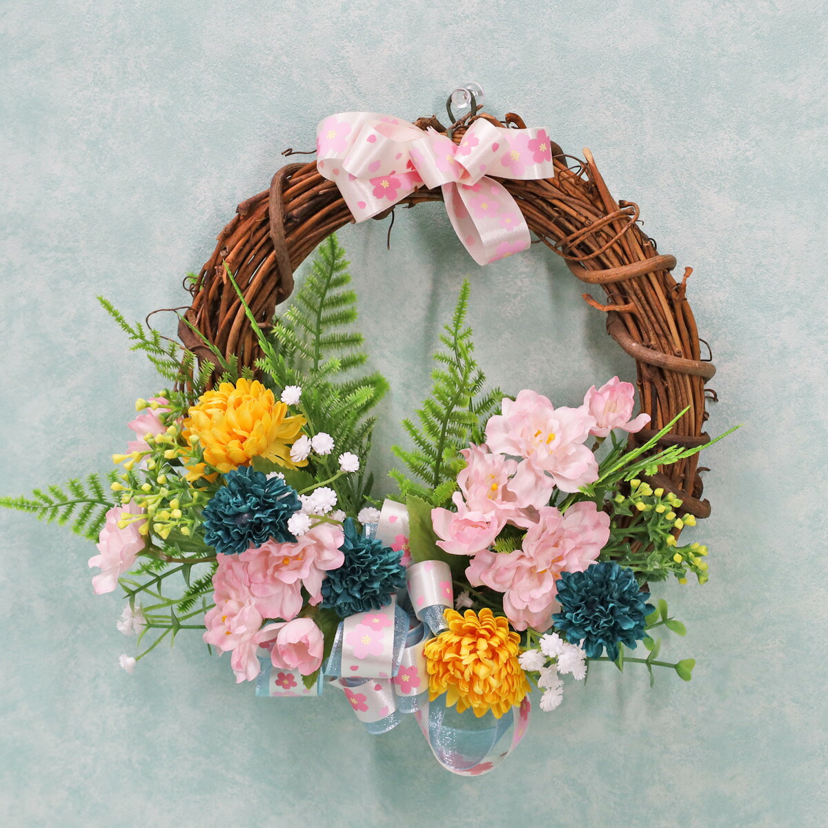 楽天市場】造花 八重桜とマムの小さめリースアレンジ シルクフラワー