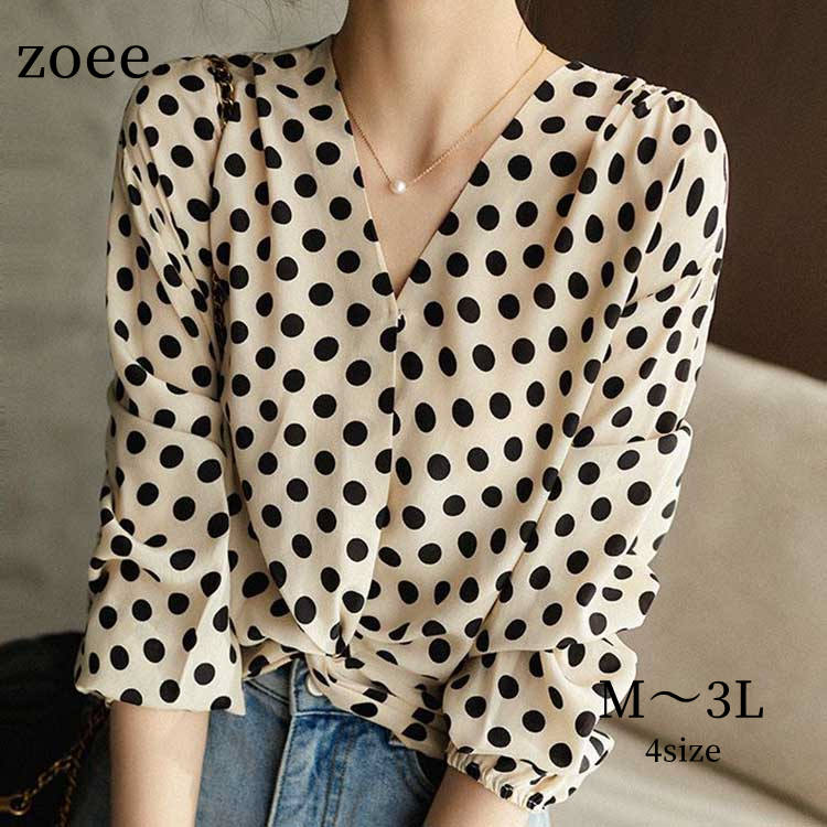 楽天市場】ドット柄 シャツ ブラウス 裾絞り Vネック 七分袖 春夏