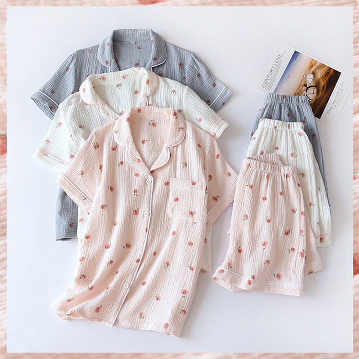 楽天市場】パジャマ レディース ダブルガーゼ 綿100％ 可愛い 桃柄 前