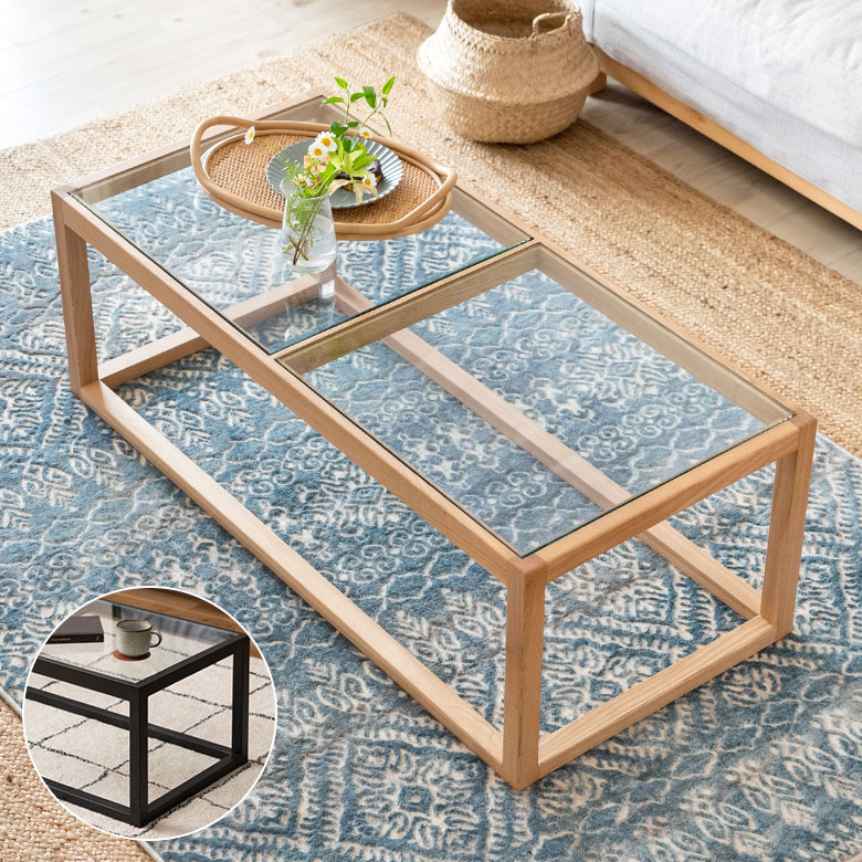 k183 マルニ木工 無垢材センターテーブル ガラストップ コーヒー