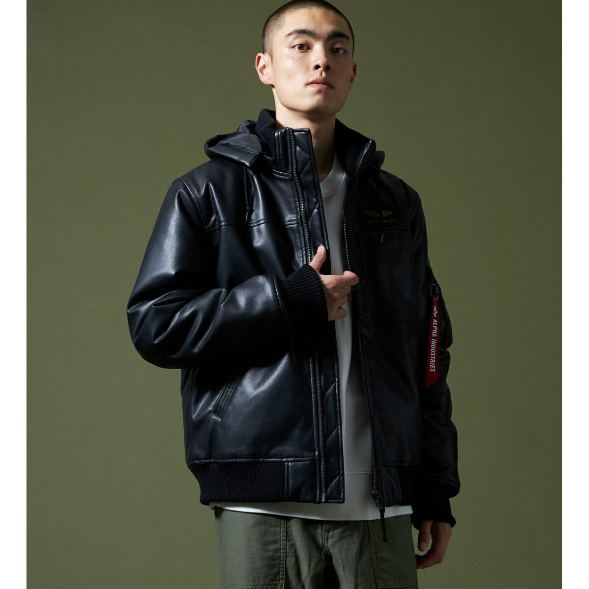 楽天市場】フェイクレザー フーデッドリブジャケット／アルファ