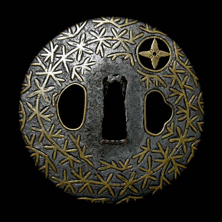 TU-10833 [ 与四郎式真鍮象嵌透かし鐔 ] 小池与四郎作極め 日刀保鑑定書