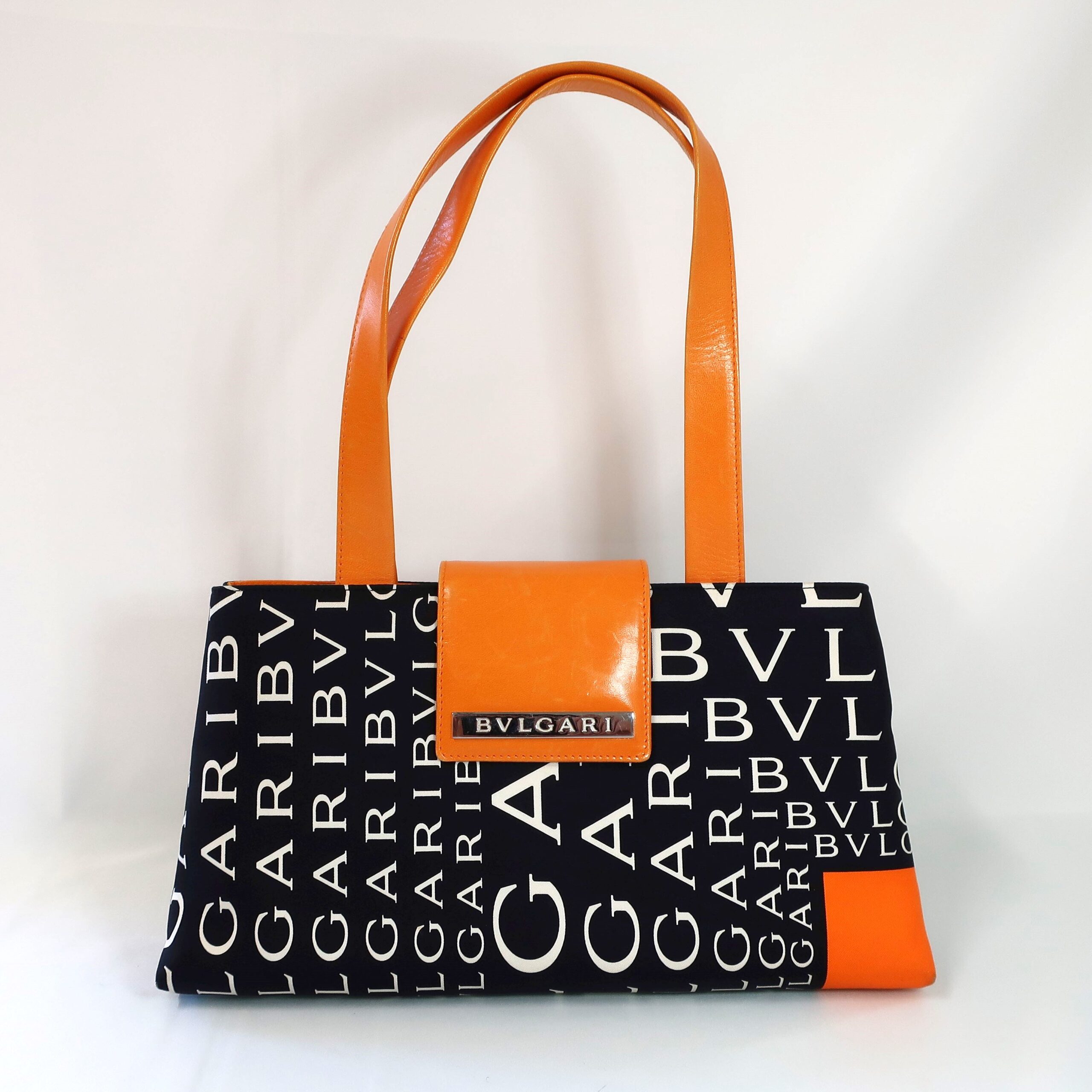 BVLGARI ブルガリ ロゴマニア トートバッグ オレンジ ナイロン レザー