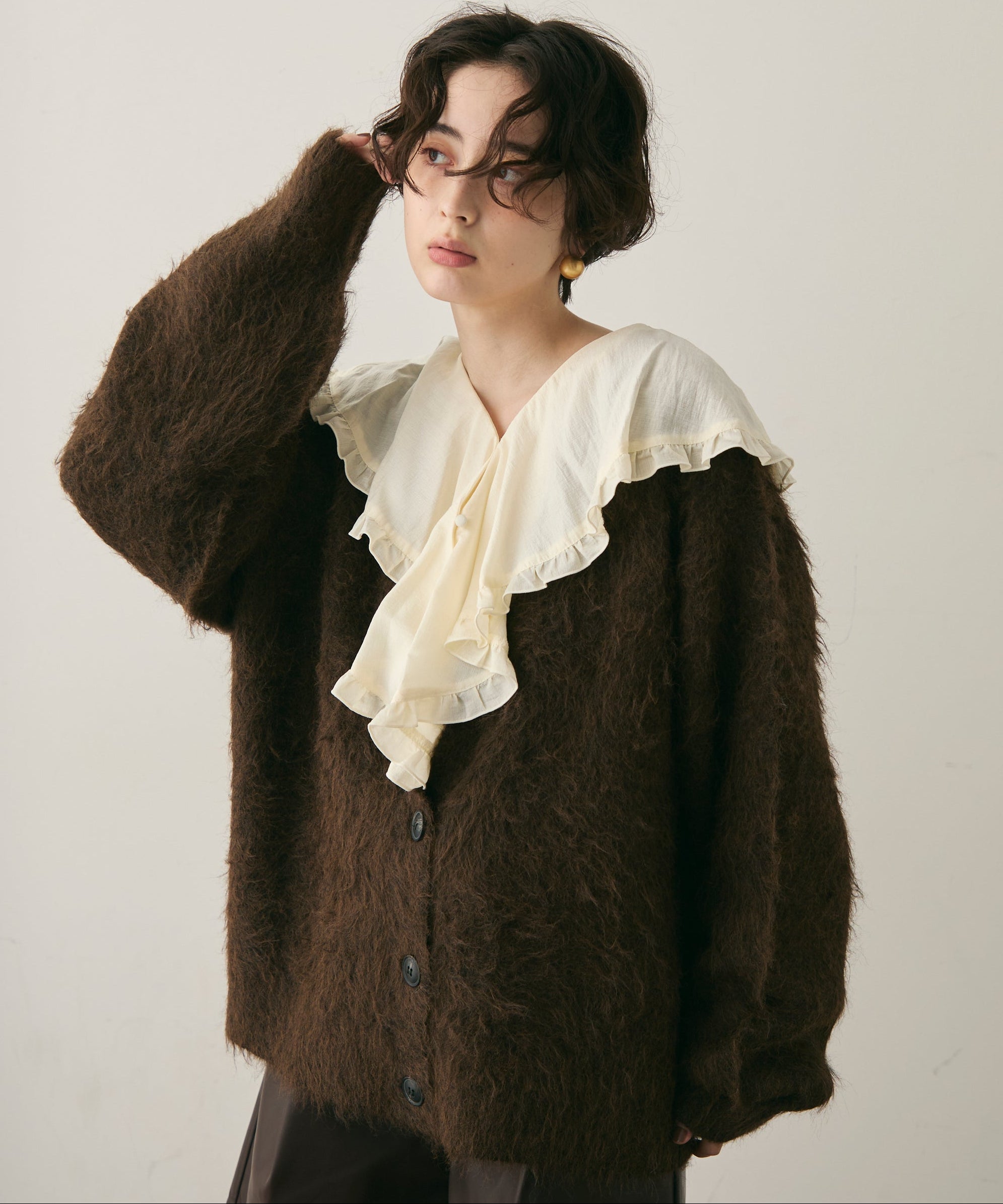 ウール混イエティシャギーVネックカーディガン | Trish