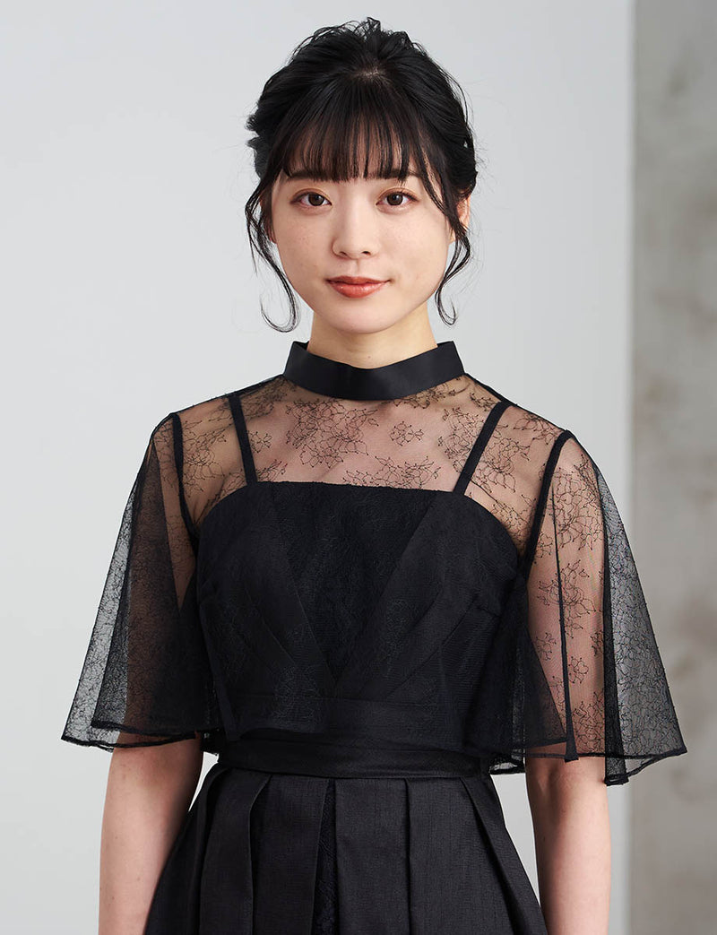 ラッセルレース フレアスリーブボレロ 後ろ開き 黒・MB8816-BK