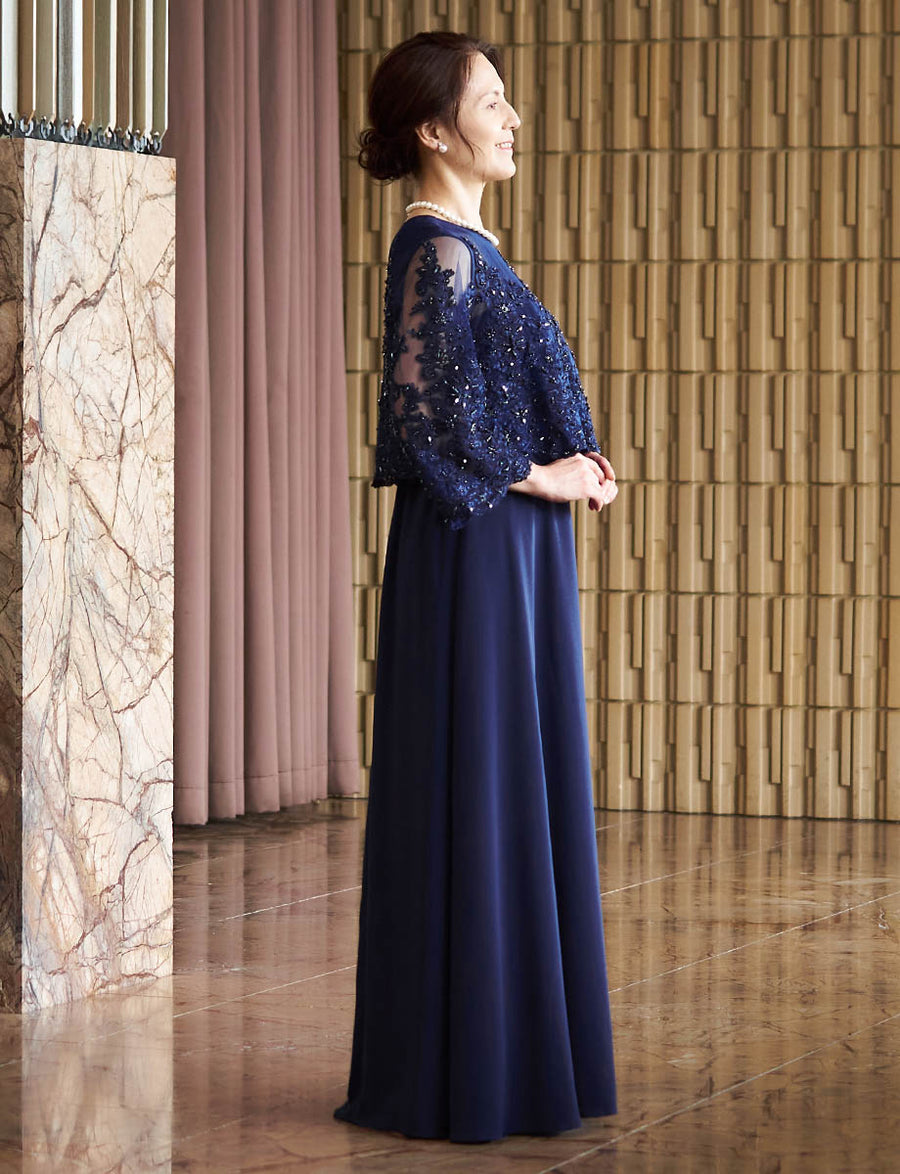 結婚式 母親ドレス ダークネイビーレース・マザーズドレス レース8分袖