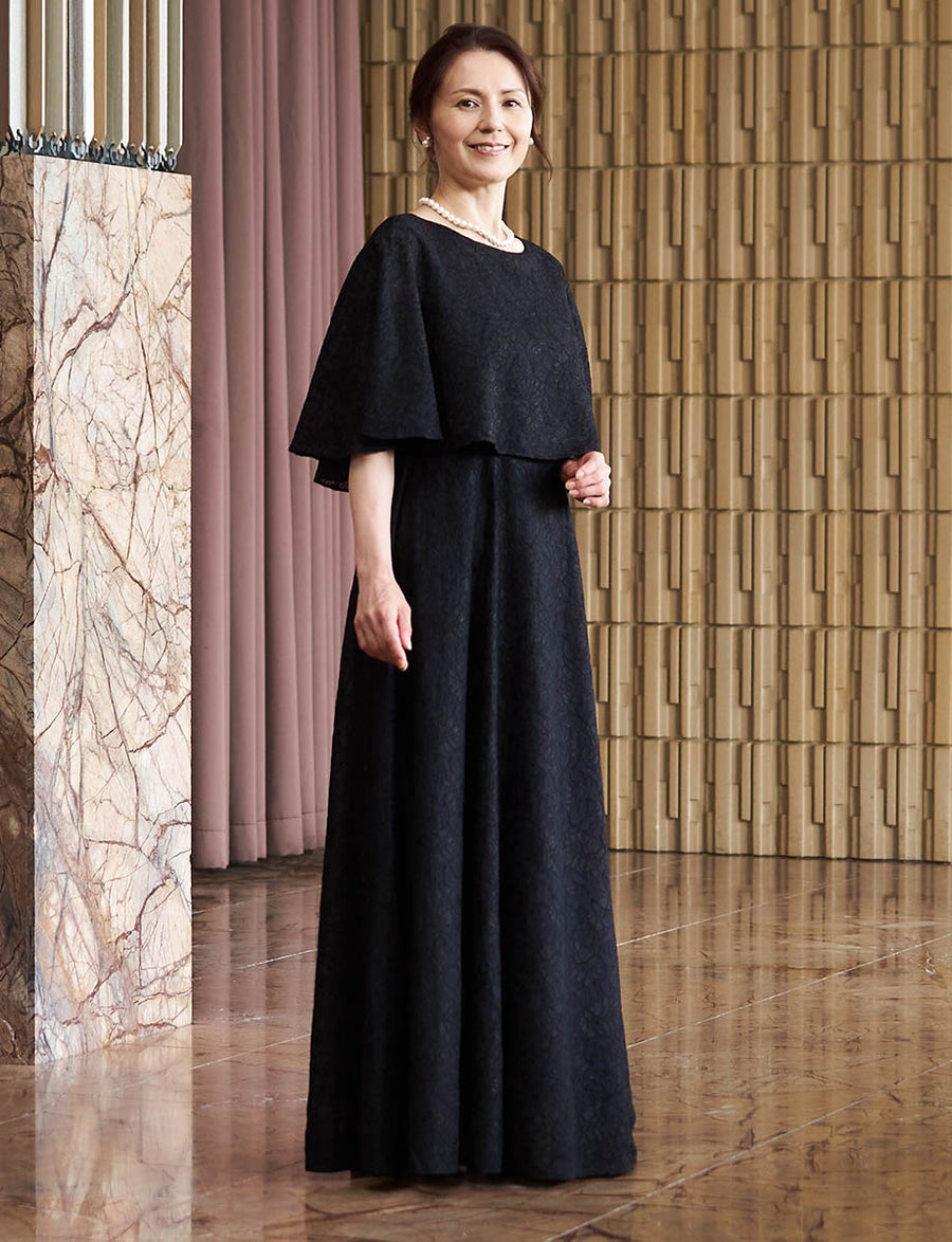 マザーズドレス・結婚式 母親ドレス MD0232-BK 黒 ケープ付き|新郎新婦