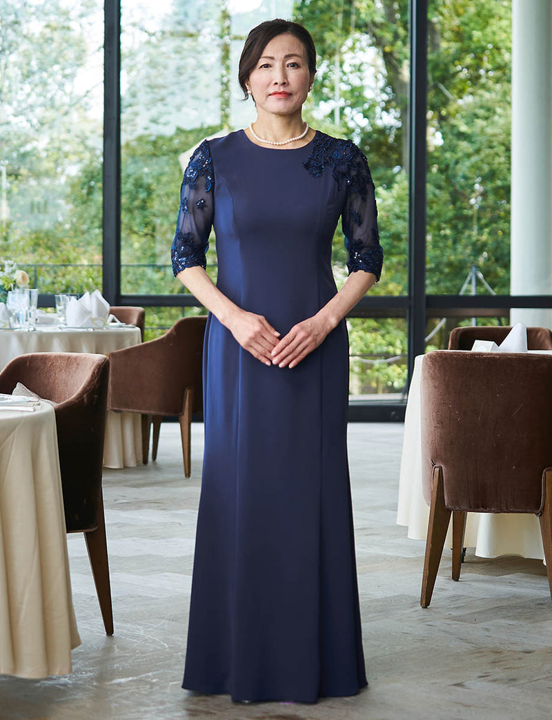 結婚式 母親ドレス ネイビー・マザーズドレス長袖 袖付き MD0404-DNY