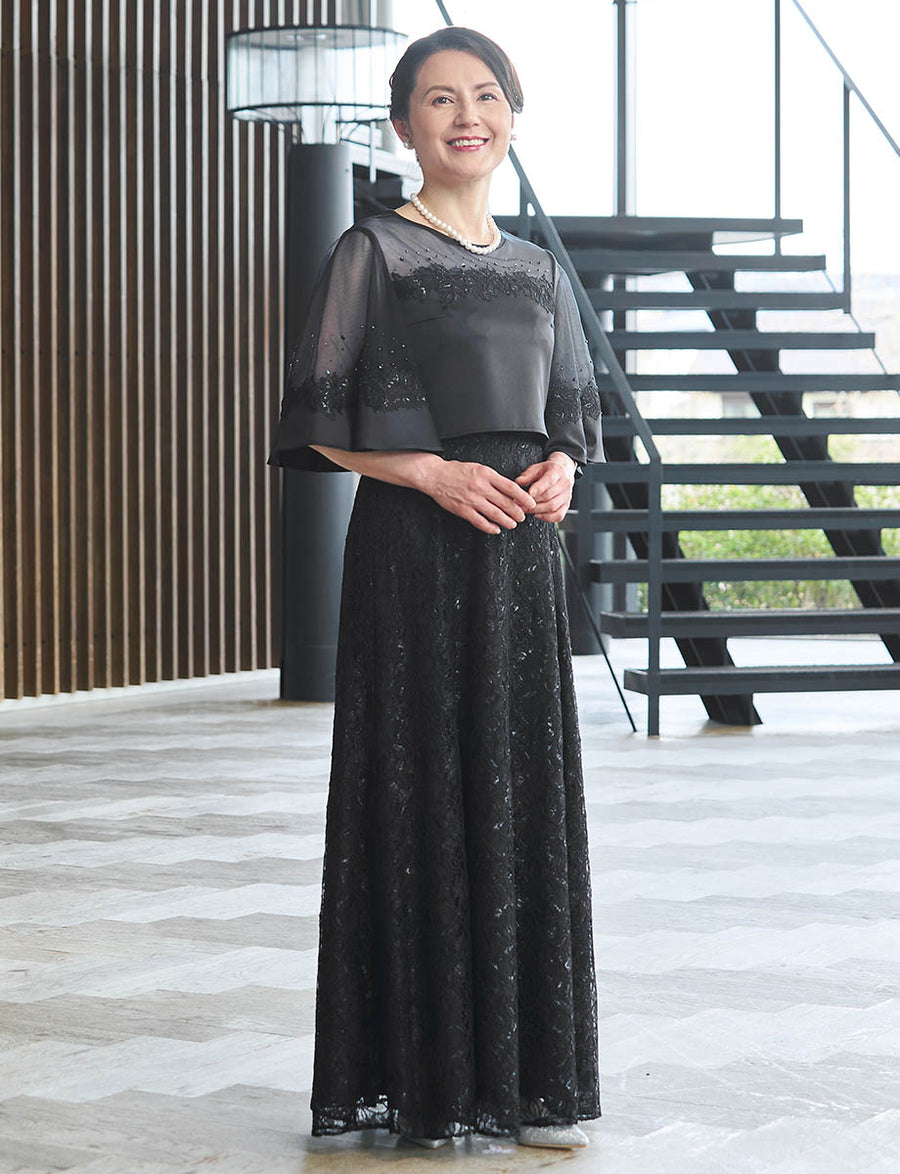 結婚式 母親ドレス 黒・マザーズドレス レース ケープ付き MD0406-BK