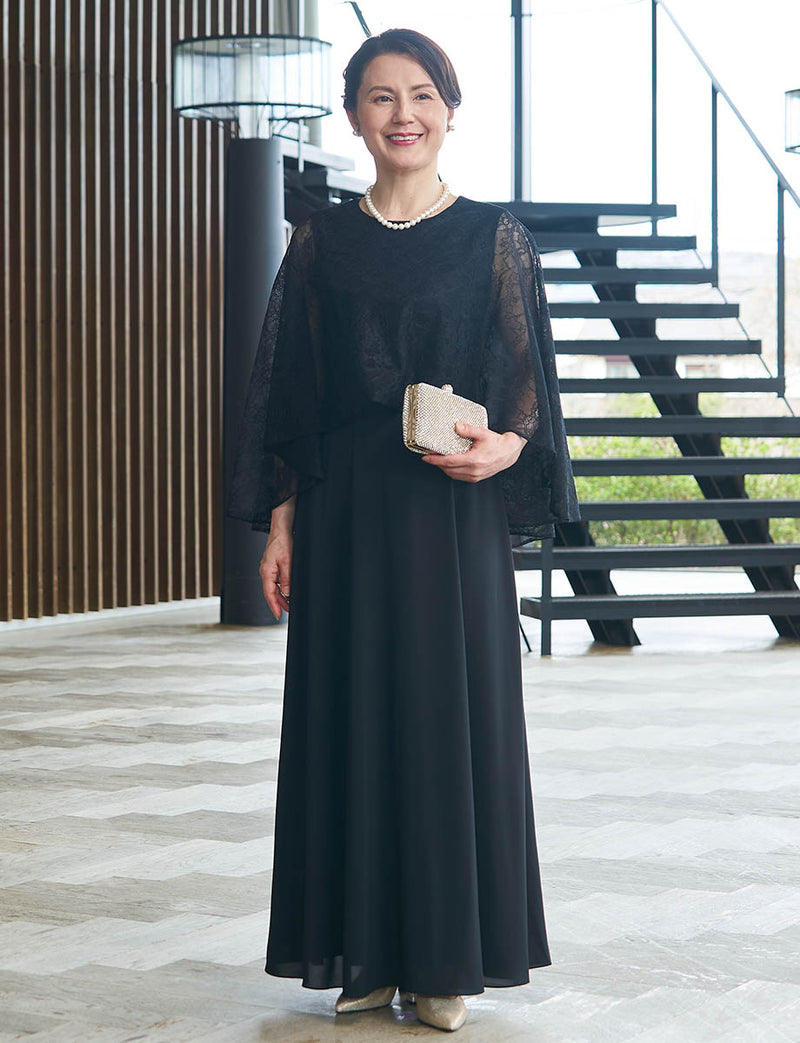 結婚式 母親ドレス 黒・マザーズドレス レース ケープ付き MD0407-BK