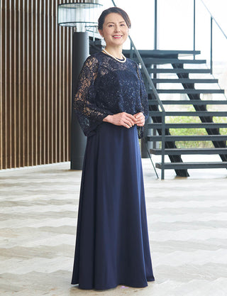 結婚式 母親ドレス ダークネイビーレース・マザーズドレス 長袖 MD0408