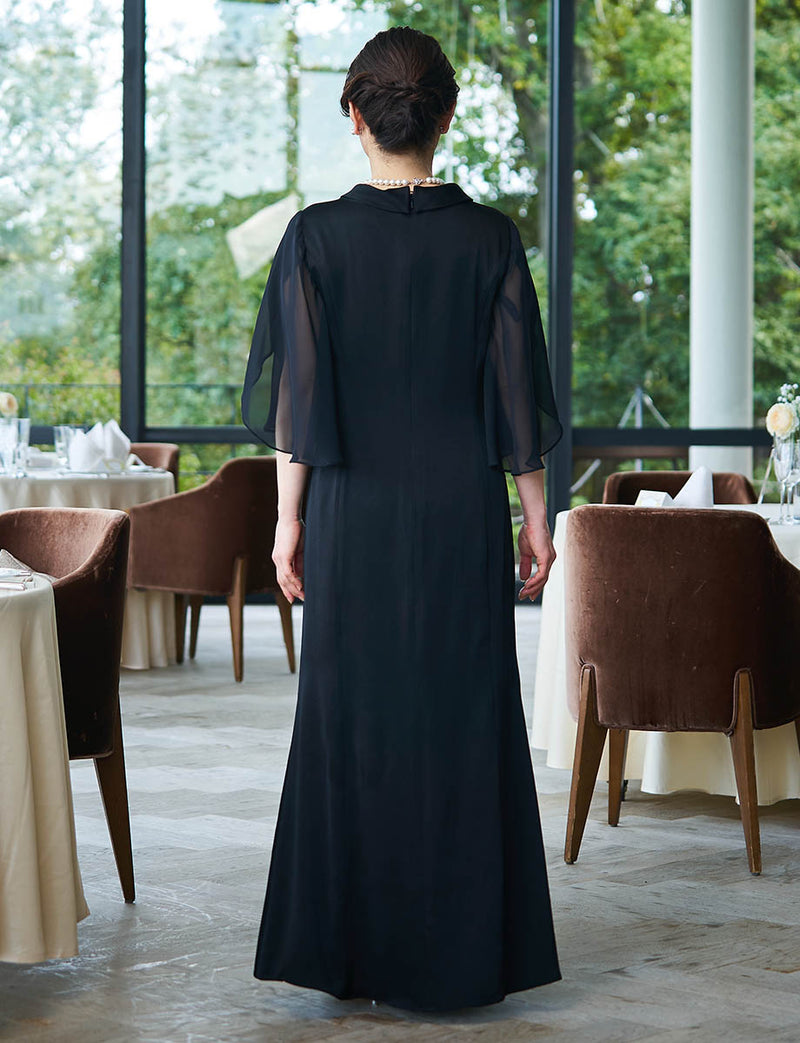 結婚式 母親ドレス 黒・マザーズドレススタンドカラー 袖付き MD0402