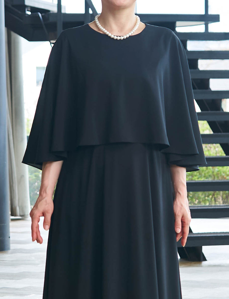 結婚式 母親ドレス 黒・マザーズドレスシフォン ケープ付き MD0411-BK