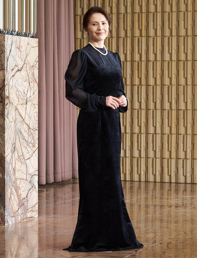 結婚式 母親ドレス ベロア ブラック・マザーズドレス シフォン袖付き