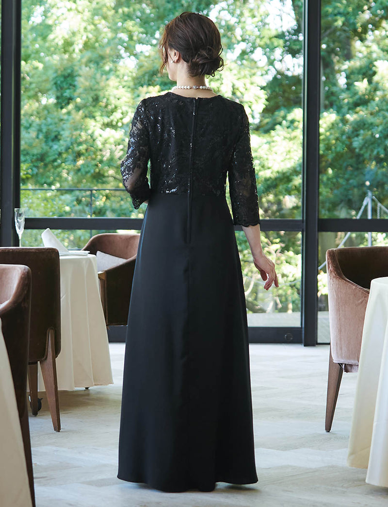 結婚式 母親ドレス ブラック・マザーズドレス レース袖付き MD0508-BK