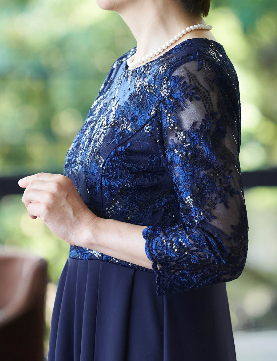 結婚式 母親ドレス ダークネイビー・マザーズドレス レース袖付き