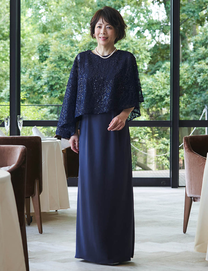 結婚式 母親ドレス ダークネイビー・マザーズドレス ケープ付き MD0502