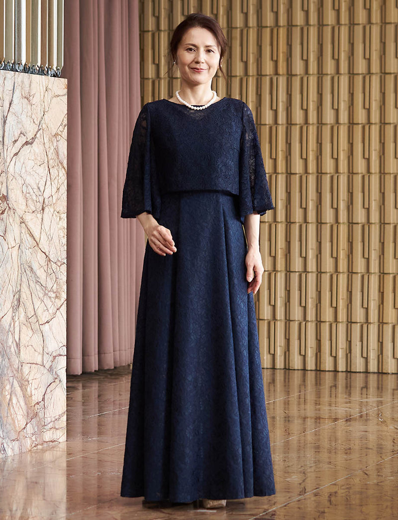 結婚式 母親ドレス ダークネイビー・マザーズドレス ケープスリーブ