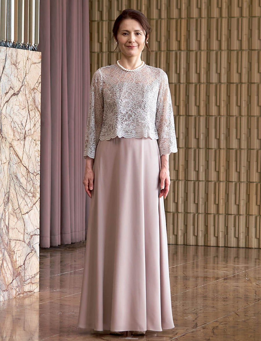 結婚式 母親ドレス グレーベージュレース・マザーズドレス 長袖 MD0408
