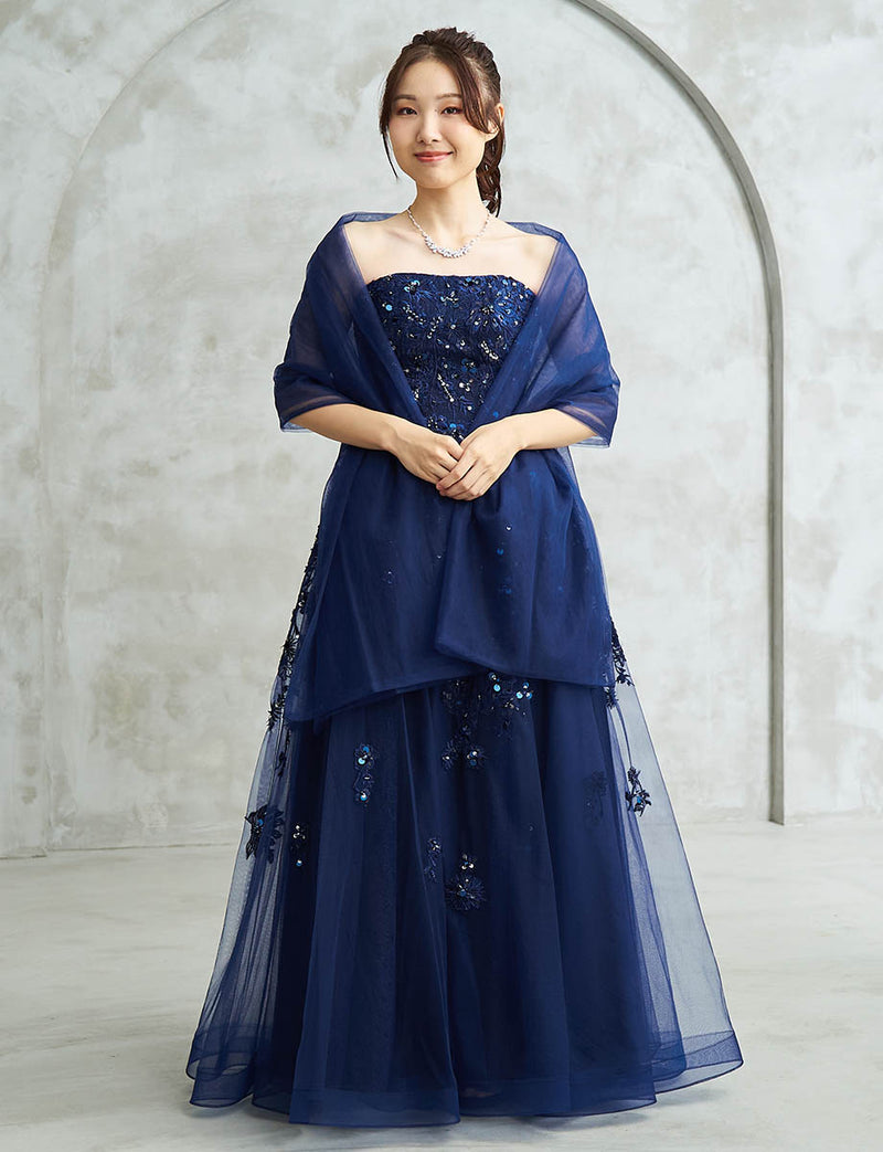 ダークネイビー ロングドレス ベアトップ ビジュ刺繍 チュール 肩
