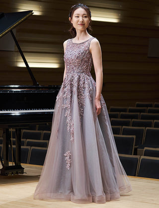 ロングドレス グレーベージュ ビジュレース 演奏会・ステージドレス