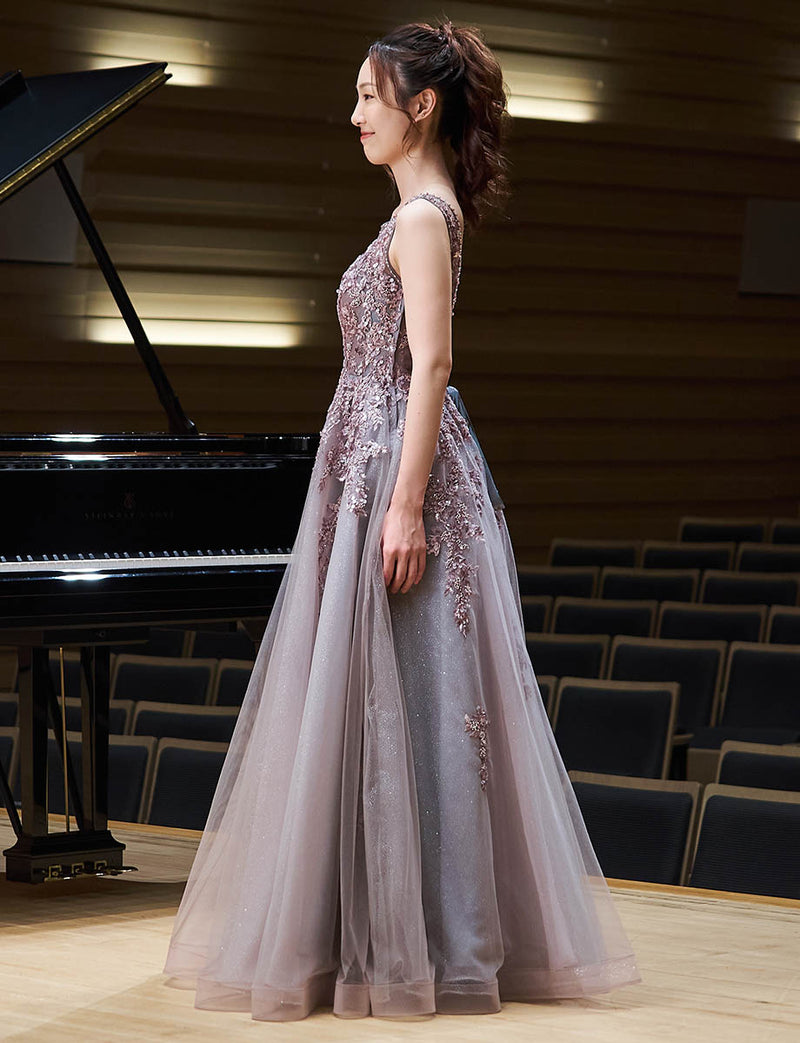 ロングドレス グレーベージュ ビジュレース 演奏会・ステージドレス