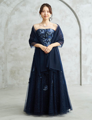 ダークネイビー ロングドレス ベアトップ スパンコールレース チュール