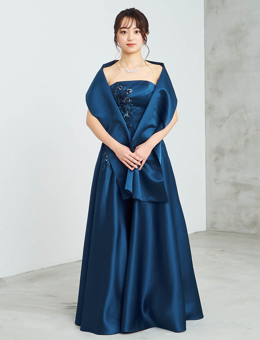 ミッドナイトブルー ロングドレス ベアトップ アップリケ刺繍 サテン