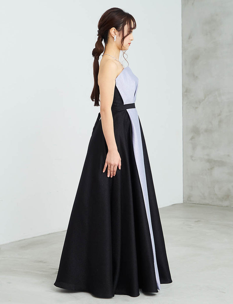 バイカラーロングドレス ベアトップ グレー黒 肩紐付き 発表会・演奏会