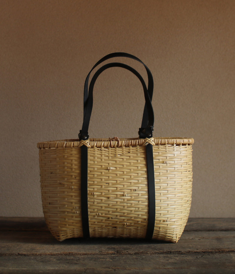 Bamboo Basket Tote with Black leather handles. Handcrafted in Oita