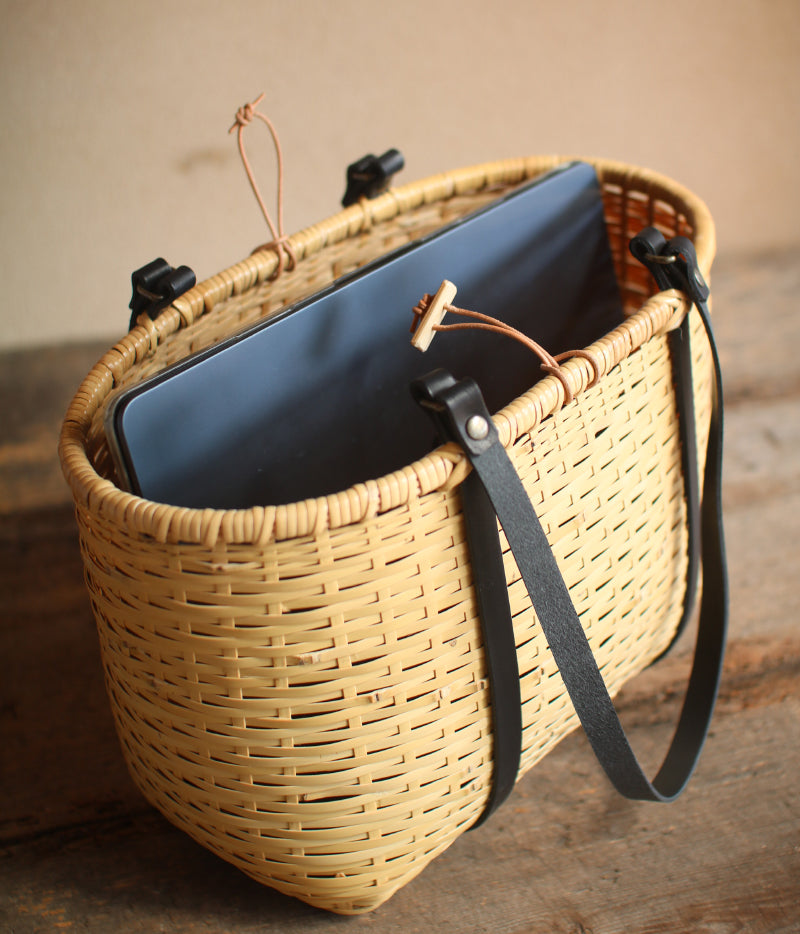Bamboo Basket Tote with Black leather handles. Handcrafted in Oita