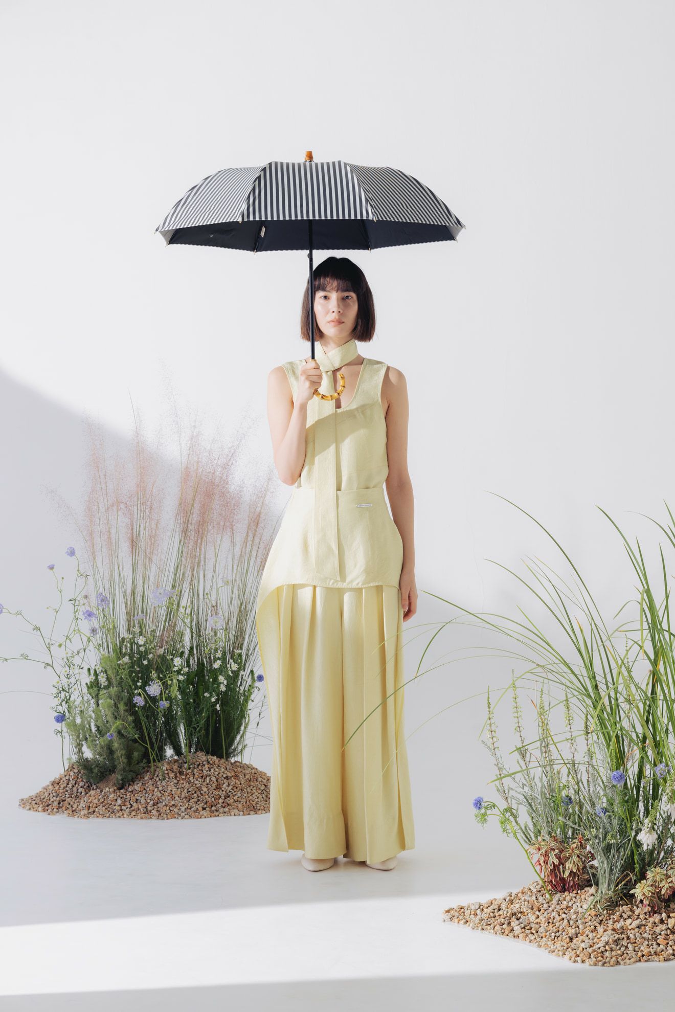 完全遮光100% 2段EASY 折りたたみ日傘/ストライプ(50cm)