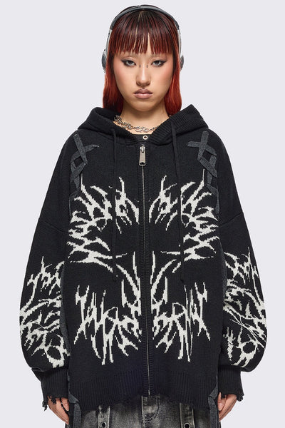 Black Knitted Zip-Up Hoodie With Sigilism Graphic | Minga London