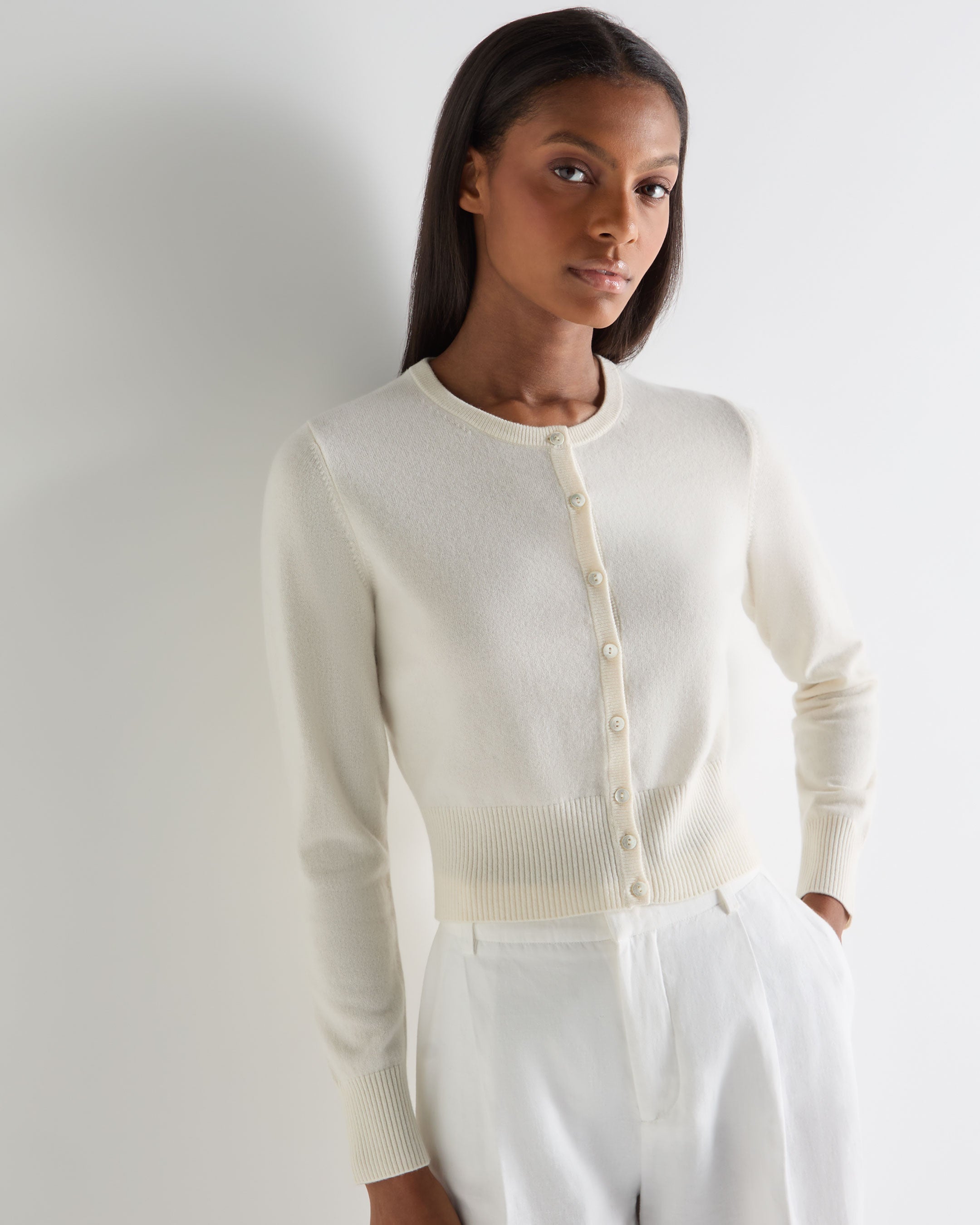 Women's Ivy Cropped Cashmere Cardigan New Ivory White | N.Peal